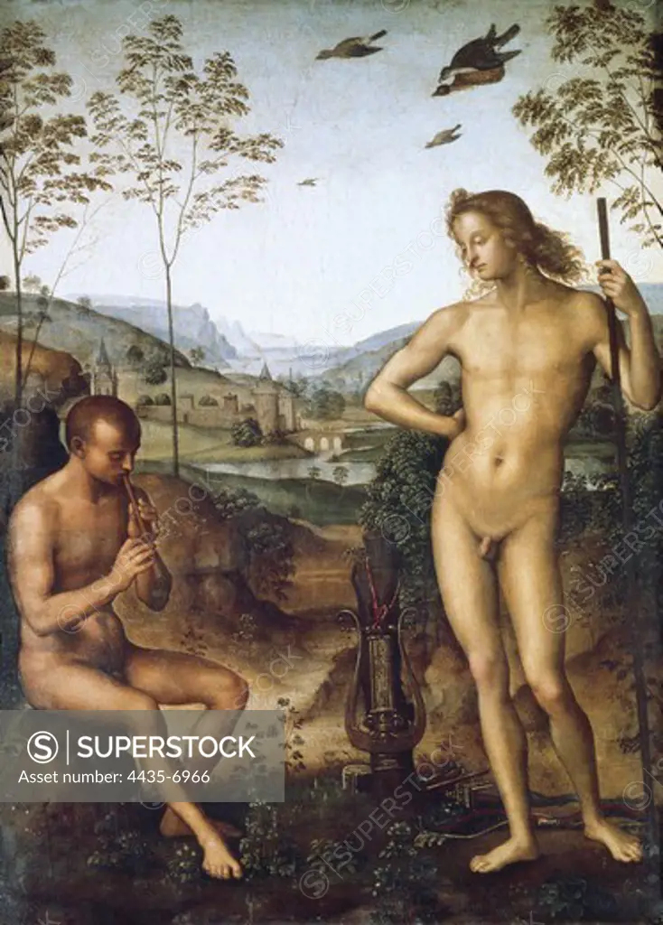 PERUGINO, Pietro Vannucci, called Il (1448-1523). Apollo and Marsyas. ca. 1500. Renaissance art. Oil on wood. FRANCE. ëLE-DE-FRANCE. Paris. Louvre Museum.