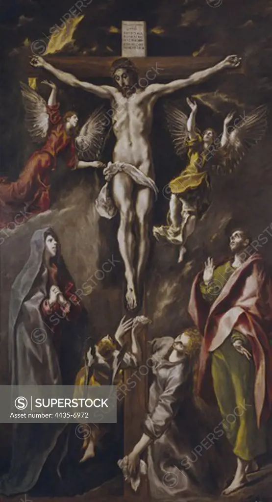 Greco, DomŽnikos Theotokpoulos, called El (1541-1614). The Crucifixion (Christ Crucified with the Virgin, Mary Magdalene, Saint John the Evangelist and Angels). 1595-1600. Mannerism art. Oil on canvas. SPAIN. MADRID (AUTONOMOUS COMMUNITY). Madrid. Prado Museum.