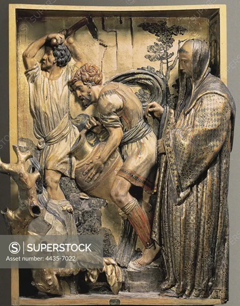 BERRUGUETE, Alonso (1480-1561). Altarpiece of San Benito el Real. 1526. Saint Benedict makes water rise from a tree in Subiaco. Polychrome relief. Renaissance art. Relief. SPAIN. CASTILE AND LEON. Valladolid. National Museum of Sculpture. Proc: SPAIN. CASTILE AND LEON. VALLADOLID. Valladolid. Convent of San Benito el Real.