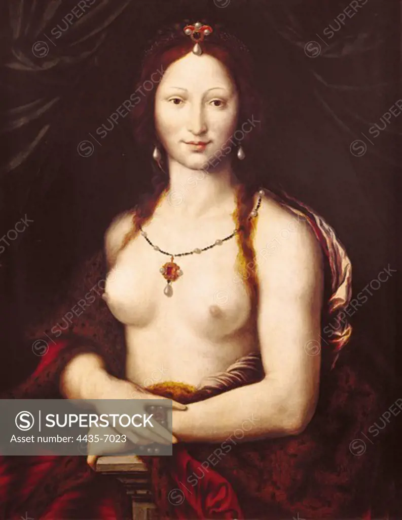 FONTAINEBLEAU, School of (1530-1570). Gioconda or naked Mona Lisa (Mona Vanna Nuda). Painting attributed to Joos van Cleve (1485-1541). Mannerism art. Painting. CZECH Rep.. Prague. National Gallery in Prague.