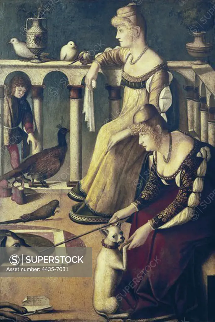 CARPACCIO, Vittore (1455-1525). Two Venetian Ladies. ca. 1510. Venetian school. Renaissance art. Oil on wood. ITALY. VENETO. Venice. Museo Correr.
