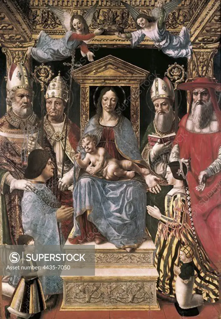 PALA SFORZESCA, Master of the (15th c.). Pala Sforzesca. 1496. Madonna and Child, enthroned with the Doctors of the Church and the family of Ludovico il Moro. Renaissance art. Quattrocento. Oil on wood. ITALY. LOMBARDY. Milan. Pinacotheca of Brera.