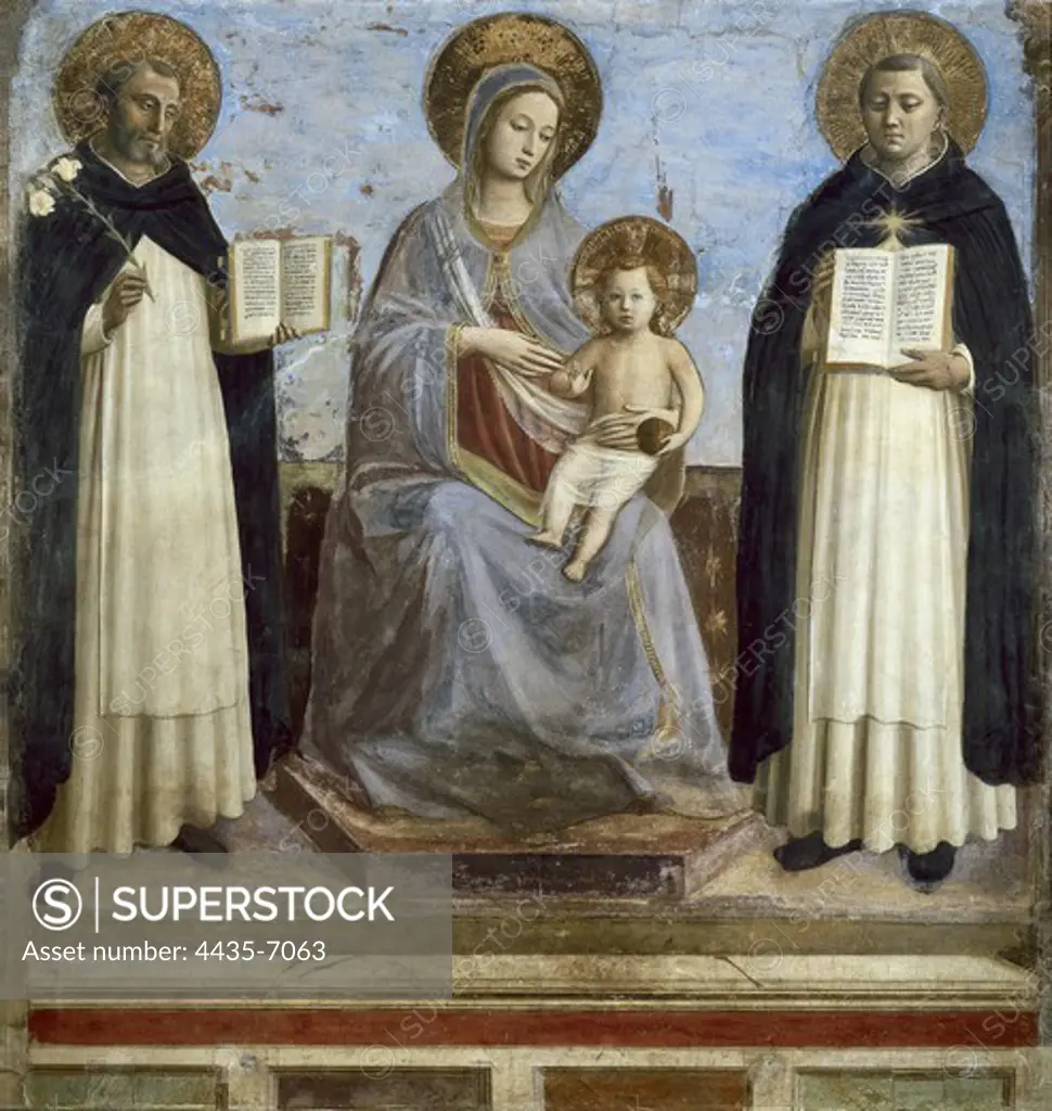 ANGELICO, Fra (1387-1455). The Virgin and Child with SS Dominic and Thomas Aquinas. 1424-1430. Renaissance art. Quattrocento. Fresco. RUSSIA. SAINT PETERSBURG. Saint Petersburg. State Hermitage Museum. Proc: ITALY. TUSCANY. FLORENCE. Florence.