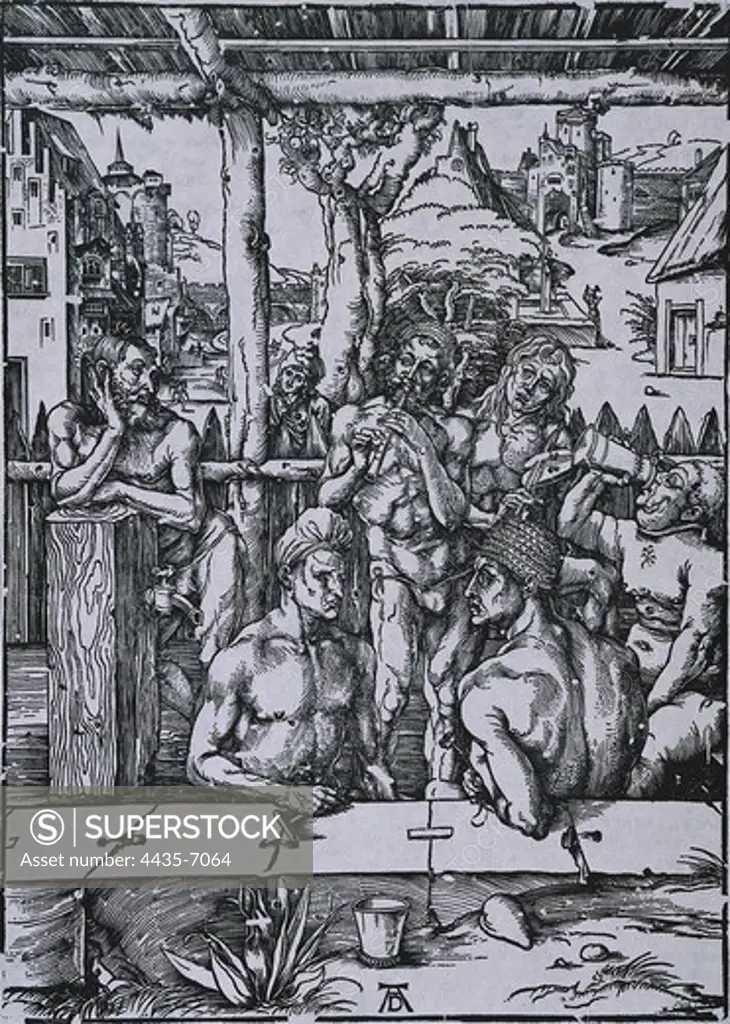 DURER, Albrecht (1471-1528). The Men's bath. 1496. German school. Renaissance art. Engraving. FRANCE. CHAMPAGNE-ARDENNE. MARNE. Reims. H™tel le Vergeur Museum.