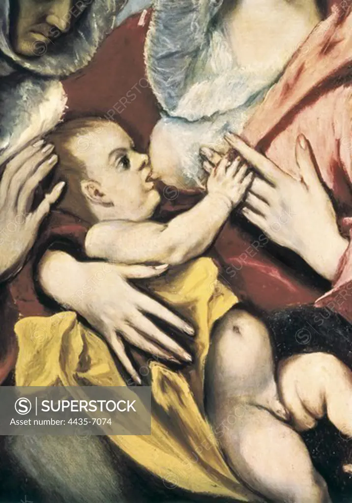 Greco, DomŽnikos Theotokpoulos, called El (1541-1614). Holy Family with Saint Anne. ca. 1597. SPAIN. Toledo. Hospital de Tavera. Detail. The Child Jesus. Mannerism art. Oil on canvas.