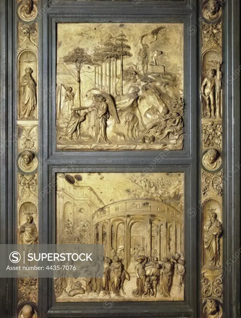 GHIBERTI, Lorenzo (1378-1455). The Gates of Paradise. 1425-1452. ITALY. Florence. Baptistery of Saint John. Detail of the two pannels with scenes of the story of Abraham (upper pannel) and Joseph (lower pannel). Renaissance art. Quattrocento. Florentine school. Relief on bronze.