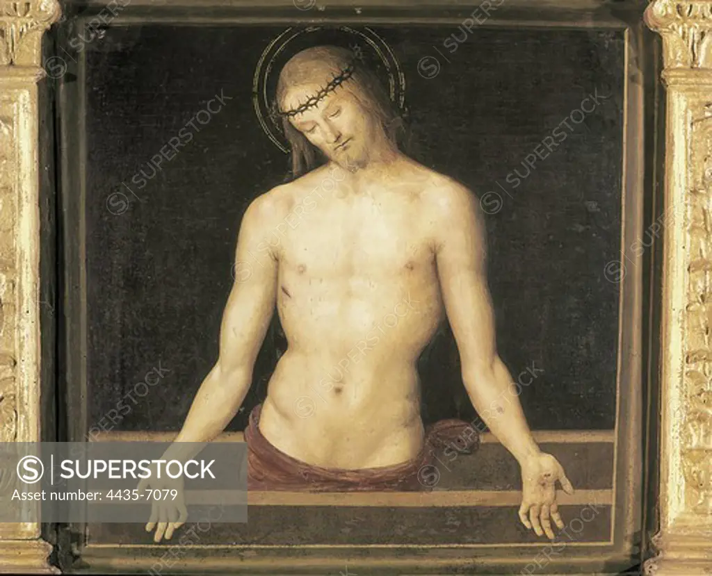 PERUGINO, Pietro Vannucci, called Il (1448-1523). The Dead Christ. end 15th c.-1523. Renaissance art. Quattrocento. Oil on wood. ITALY. UMBRIA. Perugia. Galleria Nazionale dell'Umbria (National Gallery of Umbria).