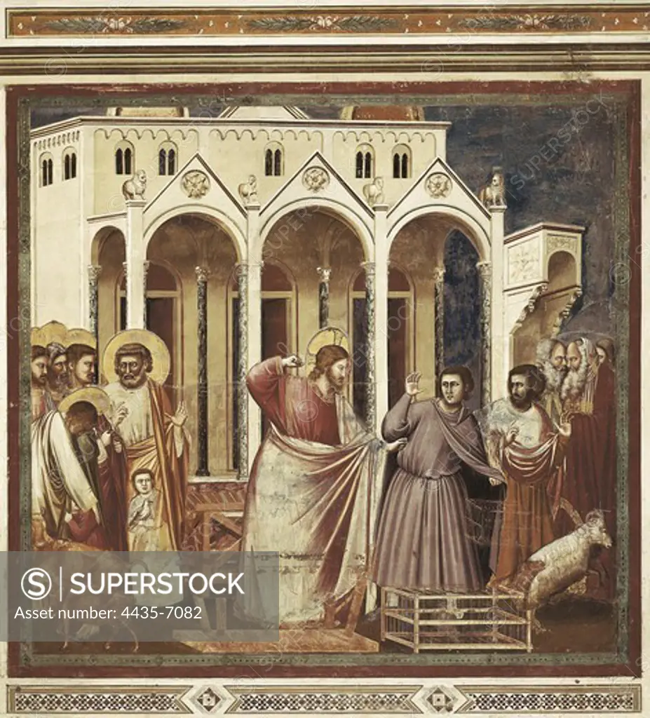 Giotto di Bondone (1267-1337). Scenes from the Life of Christ: 11. Expulsion of the Money-changers from the Temple. ITALY. Padua. Scrovegni Chapel. Renaissance art. Trecento. Fresco.