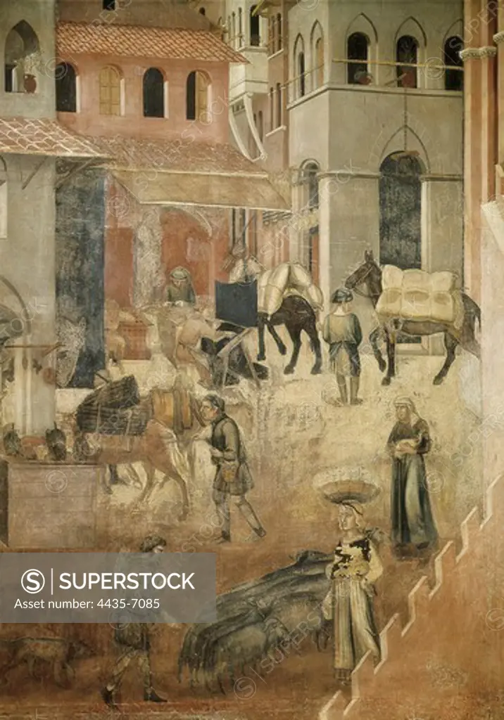 LORENZETTI, Ambrogio (1285-1348). Allegory f the Good Government: Effects of Good Government on the City Life. 1338-1340. ITALY. Siena. Public Palace. Right detail. Renaissance art. Trecento. Fresco.
