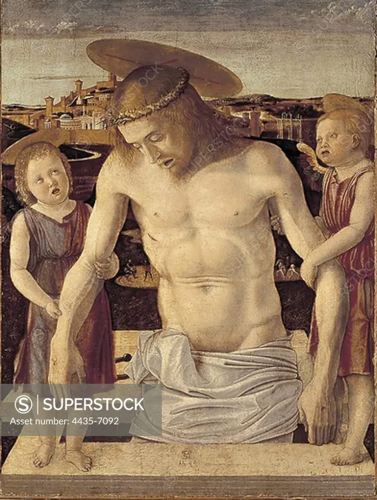 BELLINI, Giovanni (1430-1516). Dead Christ Supported by Two Angels (Pietˆ). ca. 1460. Renaissance art. Quattrocento. Venetian school. Tempera on wood. ITALY. VENETO. Venice. Museo Correr.