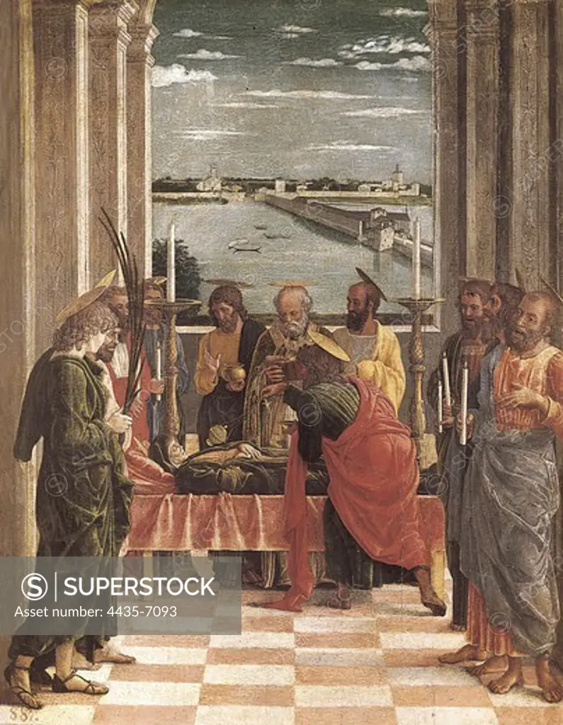 MANTEGNA, Andrea (1431-1506). Death of the Virgin. 1462. Scene with the Virgin surrounded by eleven Apostles. In the bcakgroung, view of Mantua, more specifically the bridge of Saint Giorgio between the lakes 'mezzo' and 'inferiore'. Renaissance art. Oil on wood. SPAIN. MADRID (AUTONOMOUS COMMUNITY). Madrid. Prado Museum.