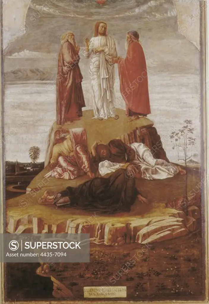 BELLINI, Giovanni (1430-1516). Transfiguration of Christ. ca. 1455. Christ in Mount Tabor together with Elijah and Moses. Renaissance art. Quattrocento. Venetian school. Tempera on wood. ITALY. VENETO. Venice. Museo Correr.