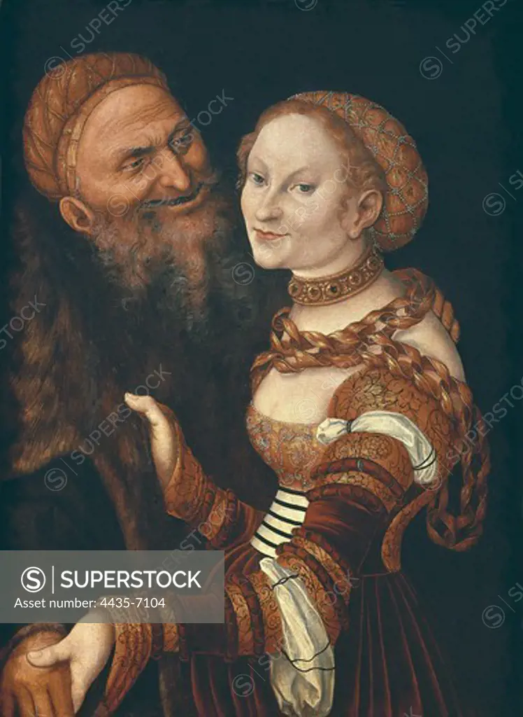 Cranach, Lucas, 'the Elder' (1472-1553). The Courtesan and the Old Man. 1st half 16th c. German school. Renaissance art. Oil on wood. FRANCE. FRANCHE-COMTƒ. DOUBS. Besanon. Museum of Fine Arts and Archaeology.