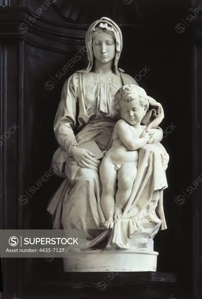 Michelangelo (1475-1564). Madonna of Bruges. 1501 - 1504. BELGIUM. Bruges. Church of Our Lady. Renaissance art. Cinquecento. Sculpture on marble.