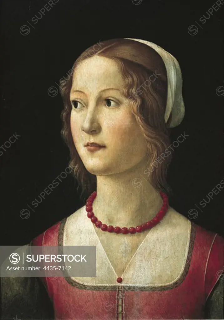 GHIRLANDAIO, Domenico di Tommaso Bigordi, called (1449-1494). Portrait of a Young Woman. ca. 1485. Renaissance art. Quattrocento. Tempera on wood. PORTUGAL. Lisbon. Museu Calouste Gulbenkian (Lisbon Calouste Gulbenkian Museum).
