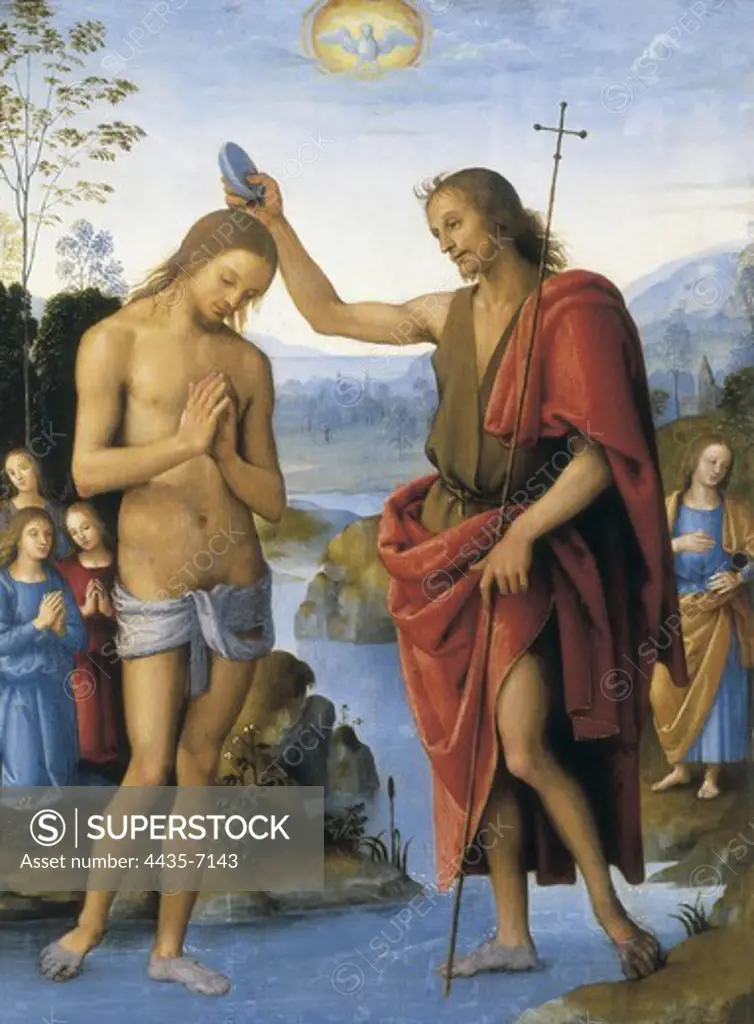 PERUGINO, Pietro Vannucci, called Il (1448-1523). The Baptism of Christ. 1498 - 1500. Umbrian School. Renaissance art. Oil on wood. AUSTRIA. VIENNA. Vienna. Kunsthistorisches Museum Vienna (Museum of Art History).