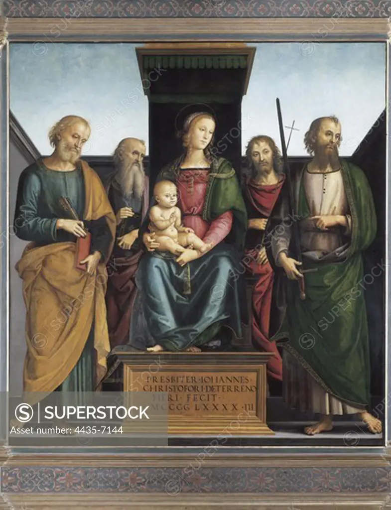 PERUGINO, Pietro Vannucci, called Il (1448-1523). Madonna and Child Enthroned with Saints. 1493. Identified as St. Peter, St. John Evangelist, St. John the Baptist and St. Paul. Work from the Umbrian school. Renaissance art. Oil on wood. AUSTRIA. VIENNA. Vienna. Kunsthistorisches Museum Vienna (Museum of Art History).