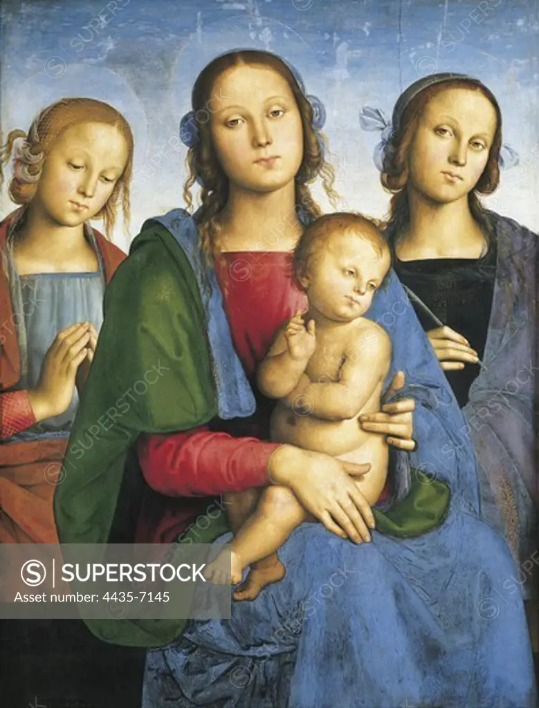 PERUGINO, Pietro Vannucci, called Il (1448-1523). Madonna and Child with St. 1493. Identified as St. Rosa and St. Catherine. Work from the Umbrian school. Renaissance art. Oil on wood. AUSTRIA. VIENNA. Vienna. Kunsthistorisches Museum Vienna (Museum of Art History).