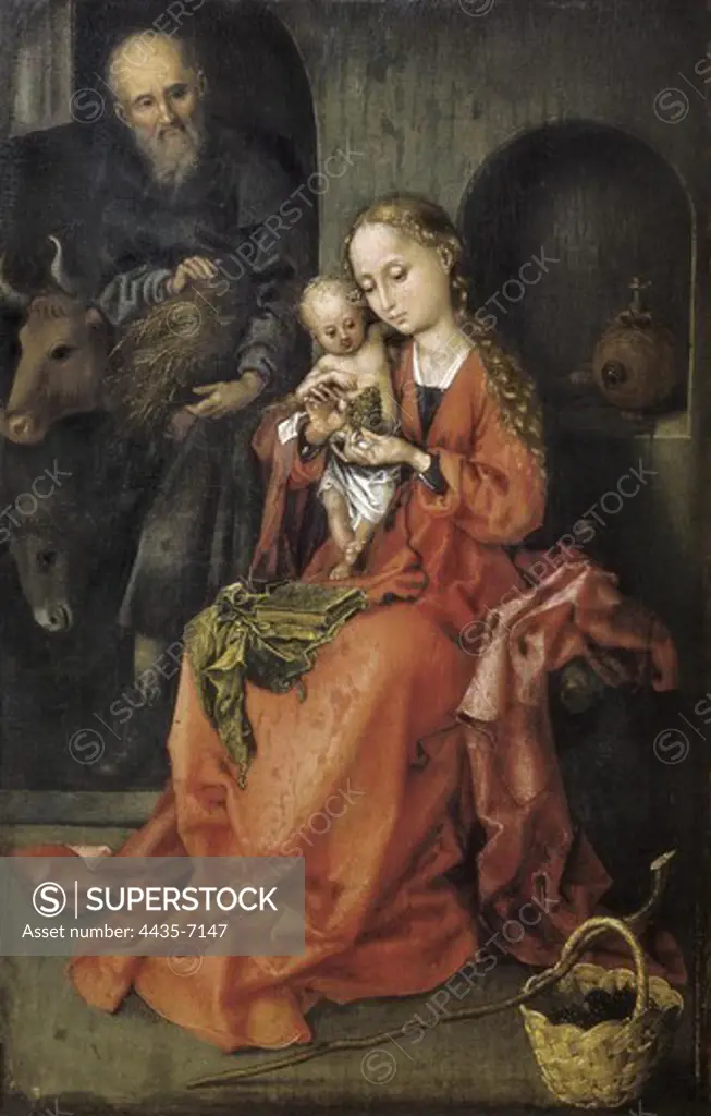 SCHONGAUER, Martin (1450-1491). Holy Family (Die Heilige Familie). 1480s. Renaissance art. Oil on wood. AUSTRIA. VIENNA. Vienna. Kunsthistorisches Museum Vienna (Museum of Art History).