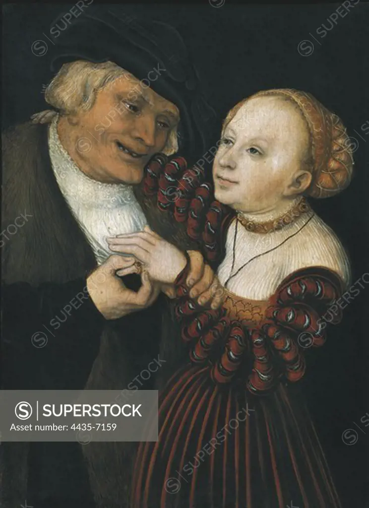 Cranach, Lucas, 'the Elder' (1472-1553). The Old Man and the Young Woman (Der Alte und das MŠdchen). 1530s. Renaissance art. Oil on wood. AUSTRIA. VIENNA. Vienna. Kunsthistorisches Museum Vienna (Museum of Art History).