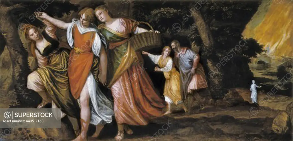 VERONESE, Paolo Caliari, called Paolo (1528-1588). Lot and His Daughters Fleeing from Sodom. mid. 16th c. Renaissance art. Cinquecento. Venetian school. Oil on canvas. AUSTRIA. VIENNA. Vienna. Kunsthistorisches Museum Vienna (Museum of Art History).