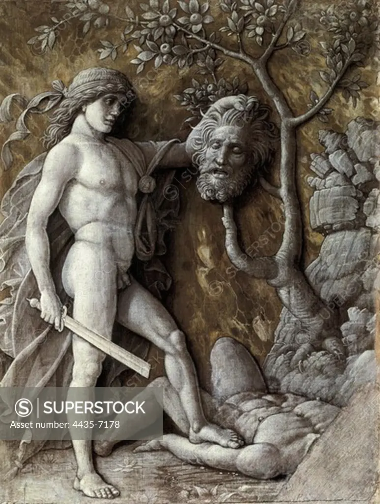 MANTEGNA, Andrea (1431-1506). David with the Head of Goliath. 1490. Copy of some reliefs with monochrome painting. Renaissance art. Quattrocento. Oil on canvas. AUSTRIA. VIENNA. Vienna. Kunsthistorisches Museum Vienna (Museum of Art History).