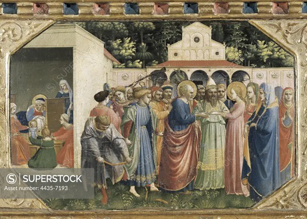 ANGELICO, Fra (1387-1455). The Annunciation. ca. 1445. Detail of the predella depicting the Nuptials of Saint Joseph and the Virgin Mary. Renaissance art. Quattrocento. Tempera on wood. SPAIN. MADRID (AUTONOMOUS COMMUNITY). Madrid. Prado Museum.