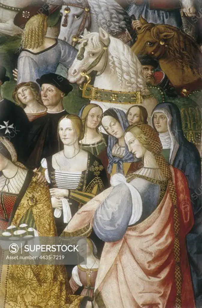 PINTURICCHIO, Bernardino di Betto, called Il (1454-1513). Piccolomini Library. Eneas Piccolomini introducing Leonor of Portugal to Frederick III. 1502-1508. ITALY. Siena. Cathedral. Detail with the Ladies of the Court of Eleanor of Portugal. Renaissance art. Quattrocento. Fresco.