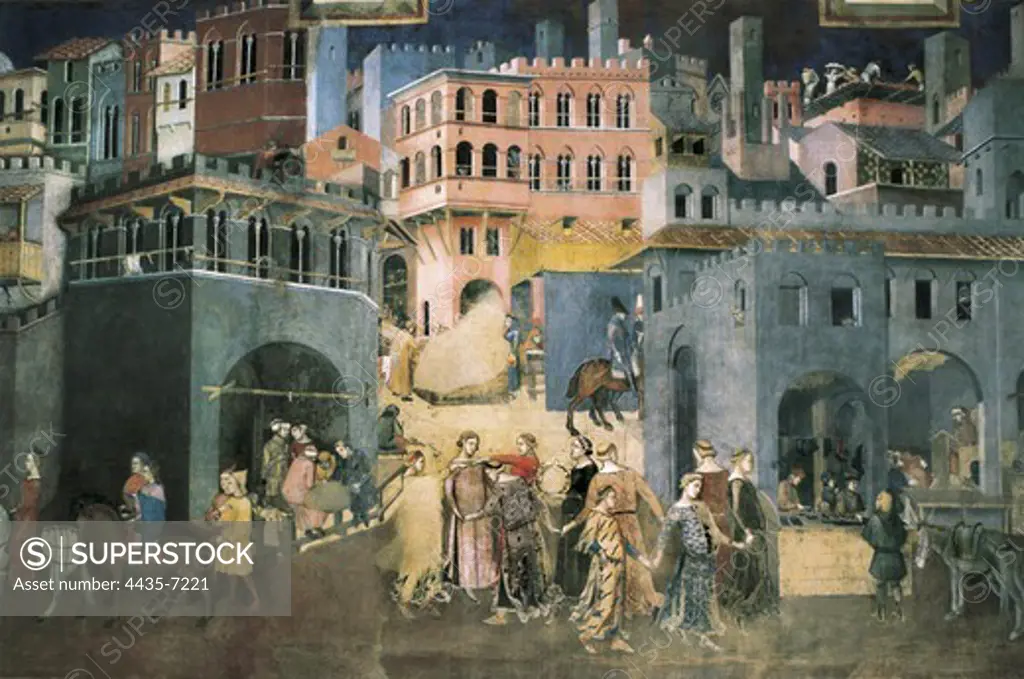 LORENZETTI, Ambrogio (1285-1348). Allegory f the Good Government: Effects of Good Government on the City Life. 1338-1340. ITALY. Siena. Public Palace. Central detail. Renaissance art. Trecento. Fresco.