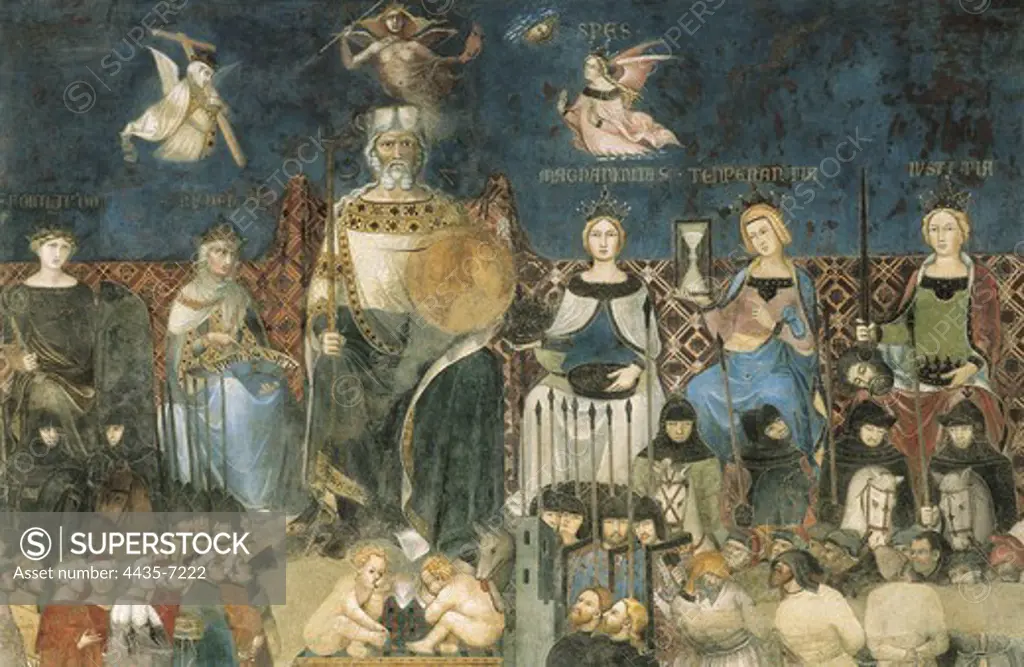LORENZETTI, Ambrogio (1285-1348). Allegory of the Good Government. 1338-1340. ITALY. Siena. Public Palace. Located in the Sala dei Nove. Central detail with the figure of a king surrounded by virtues. On the right, la Magnanimity, Temperance and Justice; on the left, la Fortitude and Prudence. Renaissance art. Trecento. Fresco.