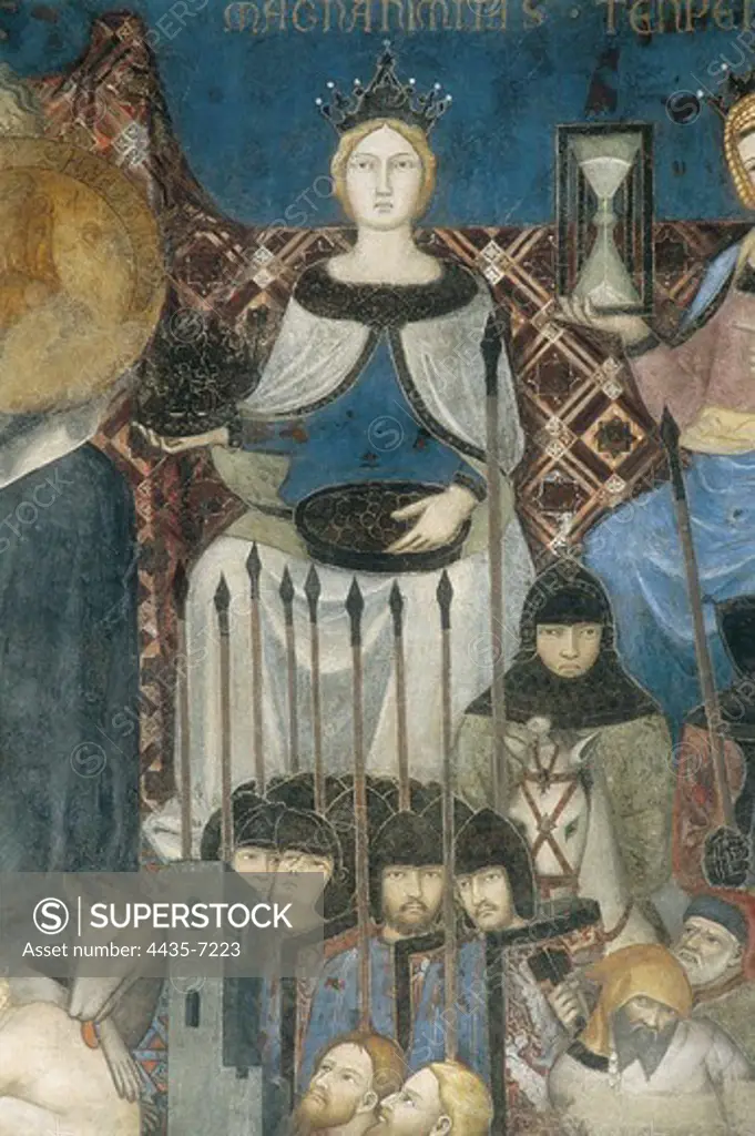 LORENZETTI, Ambrogio (1285-1348). Allegory of the Good Government. 1338-1340. ITALY. Siena. Public Palace. Located in the Sala dei Nove. Detail of the Magnanimity. On her feet, soldiers. Renaissance art. Trecento. Fresco.