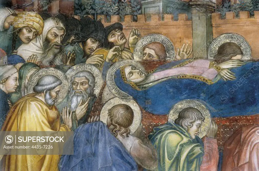 TADDEO di BARTOLO (1362-1422). The Funeral of the Virgin. 1409. ITALY. Siena. Public Palace. Detail of the funeral cortege around the lying body of the Virgin. Located in the northern wall of the Cappella dei Signori. Renaissance art. Trecento. Fresco.