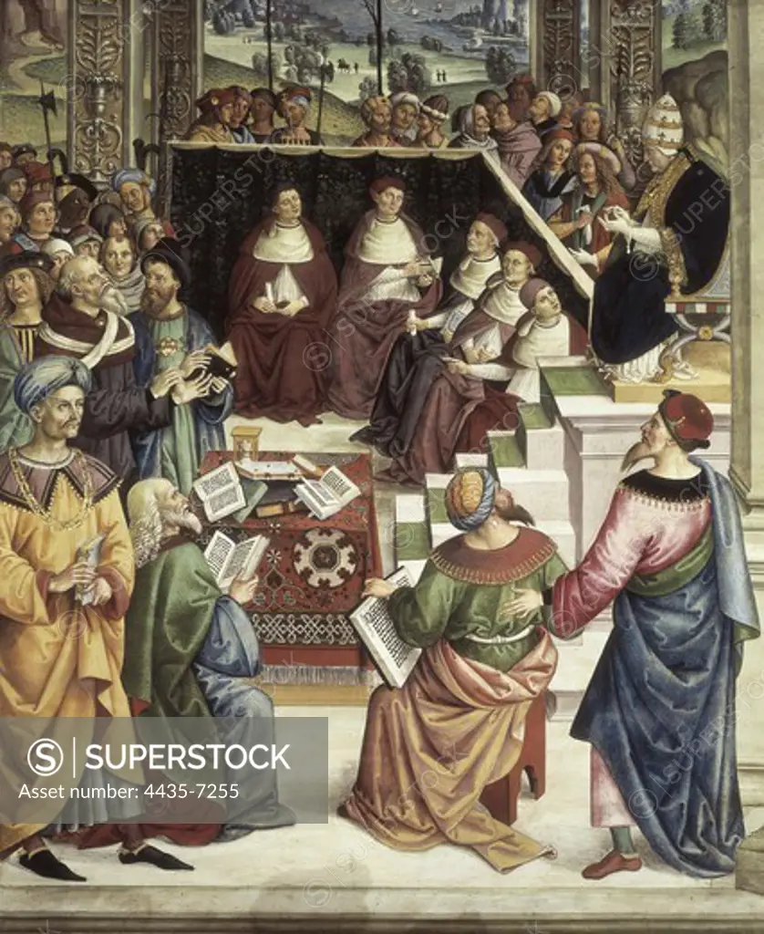 PINTURICCHIO, Bernardino di Betto, called Il (1454-1513). Piccolomini Library. 1502-1508. ITALY. Siena. Cathedral. Pope Pius II chairing a concile. Renaissance art. Quattrocento. Fresco.