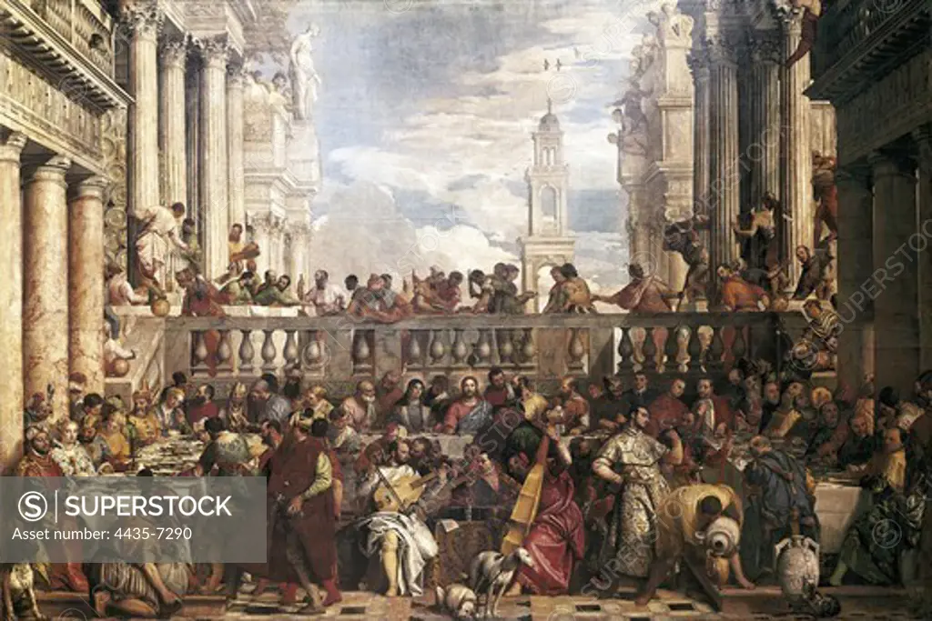 VERONESE, Paolo Caliari, called Paolo (1528-1588). The Marriage Feast at Cana. 1562 - 1563. It decorated the refectory built by Palladio for the Benedictins at the Island of San Giorgio Maggiore. Renaissance art. Cinquecento. Oil on canvas. FRANCE. ëLE-DE-FRANCE. Paris. Louvre Museum.