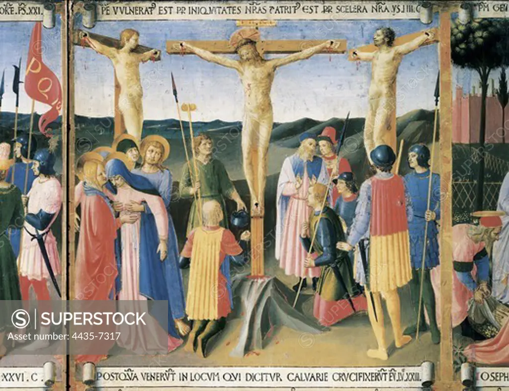ANGELICO, Fra (1387-1455). Armadio degli Argenti. 1450. Detail with the Crucifixion scene. Renaissance art. Quattrocento. Tempera on wood. ITALY. TUSCANY. Florence. Museo di San Marco (St. Mark's Museum).