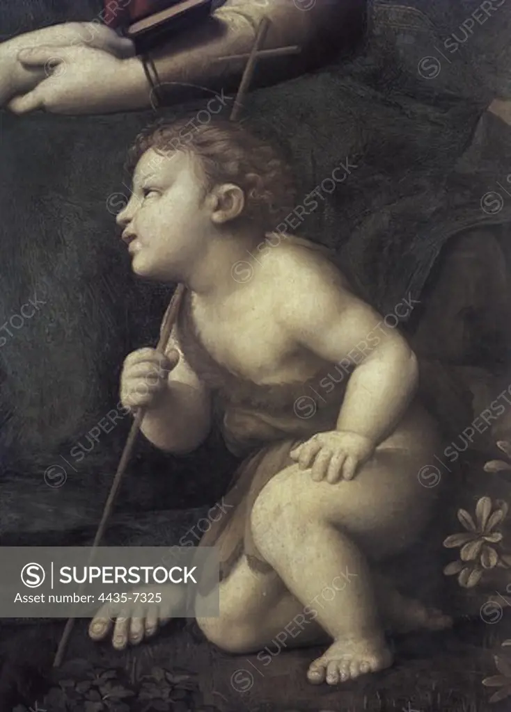 Raphael (1483-1520). La Belle Jardiniere. 1507. Right lower detail depicting Saint John the Baptist. Renaissance art. Cinquecento. Oil on wood. FRANCE. ëLE-DE-FRANCE. Paris. Louvre Museum.