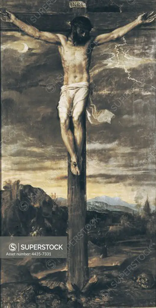 TTITIA, Tiziano Vecello, also called (1490-1576). Crucified Christ. 1555. SPAIN. San Lorenzo de El Escorial. Royal Monastery of San Lorenzo de El Escorial. Renaissance art. Cinquecento. Oil on canvas.