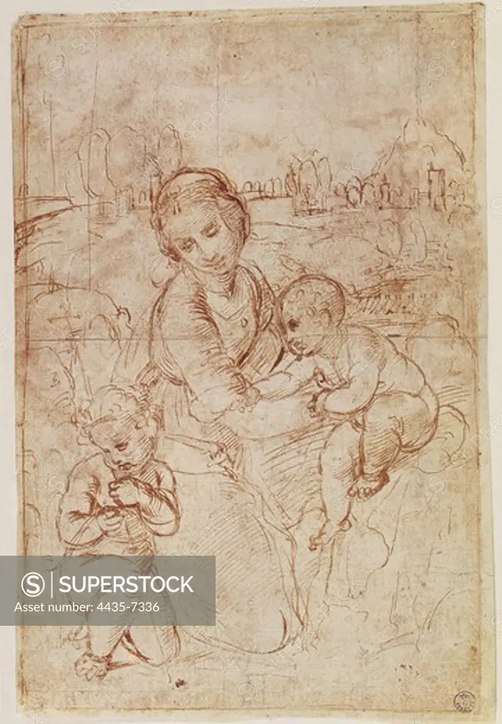 Raphael (1483-1520). Study of a Madonna and Child with the infant St. ca. 1508. Sketch for the work 'Madonna enthroned and Child', preserved in the Museum of Budapest (1508). Baroque art. Drawing. ITALY. TUSCANY. Florence. Galleria degli Uffizi (Uffizi Gallery).