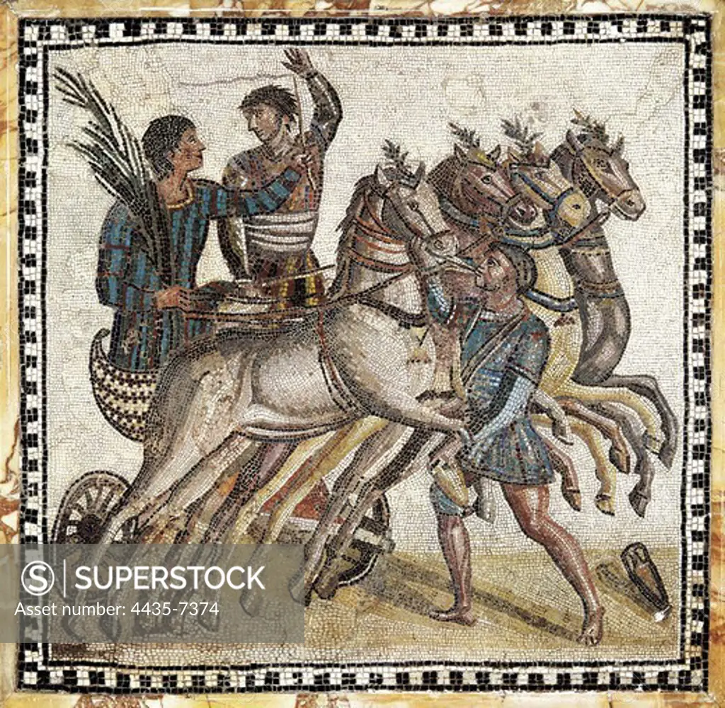 Quadriga race. 3rd c. Roman art. Early Empire. Mosaic. SPAIN. MADRID (AUTONOMOUS COMMUNITY). Madrid. National Museum of Archaeology. Proc: ITALY. LAZIO. ROME. Rome.
