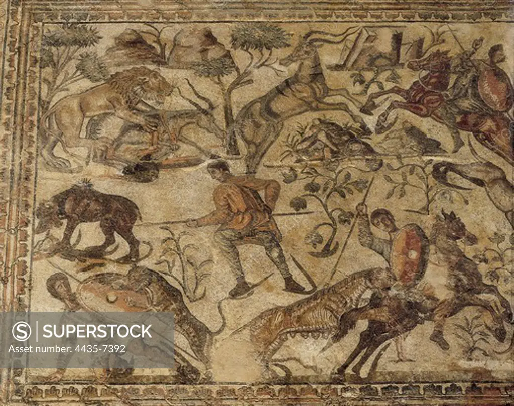 SPAIN. Pedrosa de la Vega. Roman Villa La Olmeda. Mosaic. The Hunt. Roman Art. 4th c. A.D. Roman art. Late Empire. Mosaic.