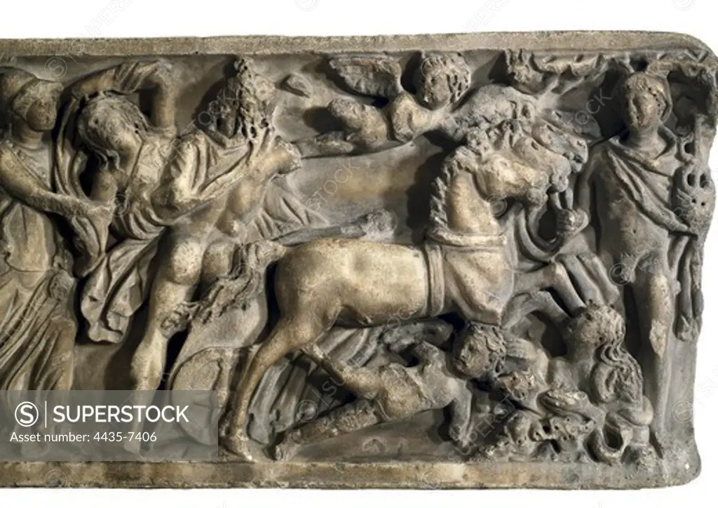Sarcophagus of the Rape of Proserpina. 2nd c. AD. Detail. Roman art. Relief on marble. SPAIN. CATALONIA. BARCELONA. Barcelona. Archaeology Museum of Catalonia. Proc: SPAIN. VALENCIAN COMMUNITY. ALICANTE. Santa Pola.