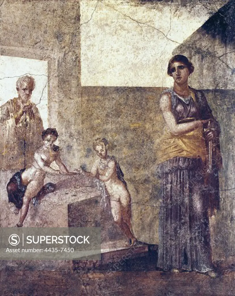 Medea thinking about killing her children. 1st c. Medea plans to kill her children. Fresco painting. Roman art. Early Empire. Fresco. ITALY. CAMPANIA. Naples. National Museum of Archaeology. Proc: ITALY. CAMPANIA. NAPLES. Pompeii.