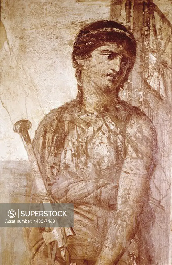 Medea looking at her children's murder. Detail. Roman copy (70-79 AD) from a Greek work by Timomacus (circa 50 BC). Roman art. Fresco. ITALY. CAMPANIA. Naples. National Museum of Archaeology. Proc: ITALY. CAMPANIA. NAPLES. Herculaneum.