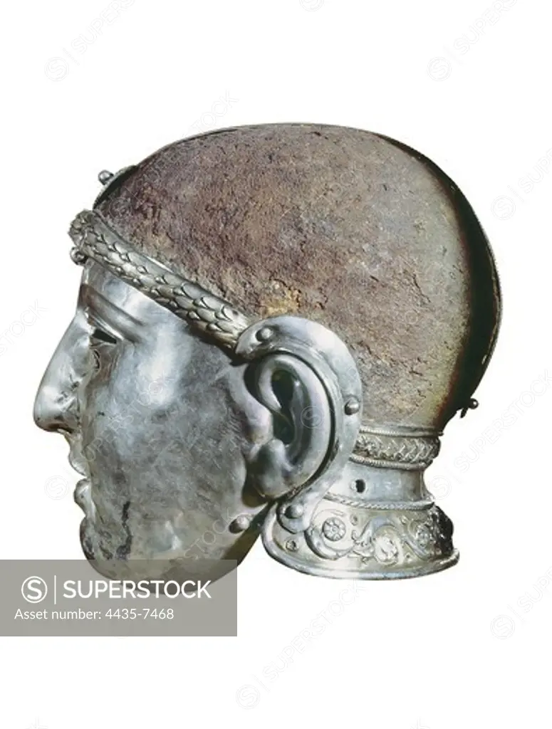 Helmet with Mask. 50. Iron and silver. Roman art. Early Empire. SYRIA. Damascus. National Museum. Proc: SYRIA. HOMS. Homs. Necropolis of Emesa.