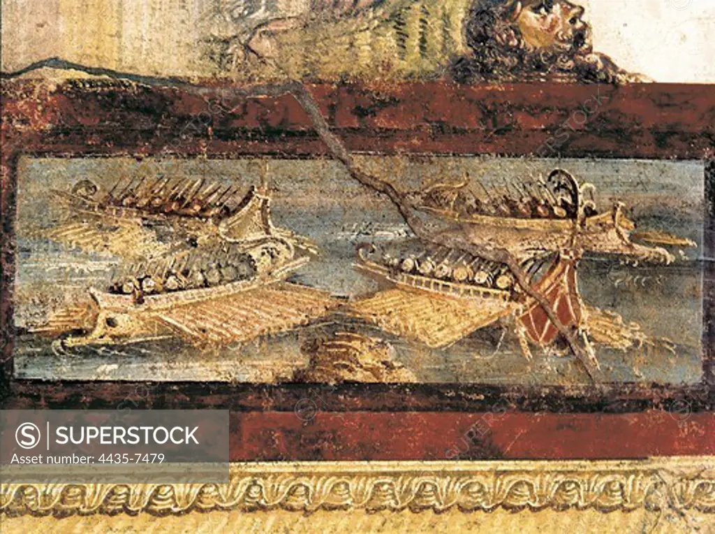 ITALY. Pompeii. House of the Vettii. Detail with warships. First Century A.D. Roman art. Early Empire. Painting.