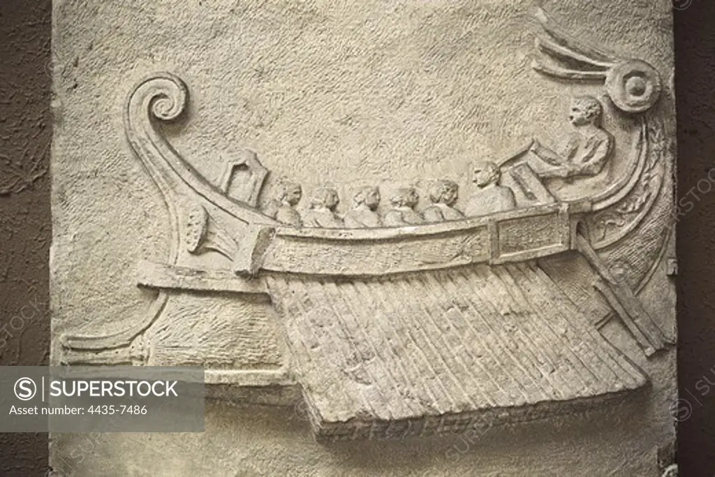 Bas-relief representing a trireme. Roman art. Relief on rock. ITALY. CAMPANIA. Naples. National Museum of Archaeology.