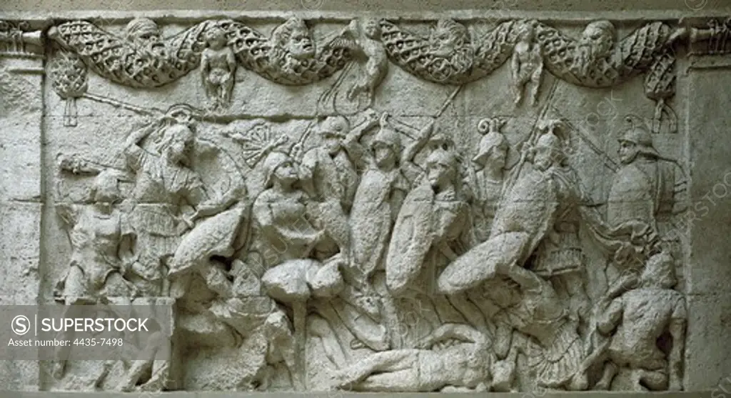 FRANCE. Saint-RŽmy-de-Provence. Glanum. Glanum Mausoleum. Battle between Romans and Gauls. Roman art. Bas-relief. Roman art. Relief on rock.