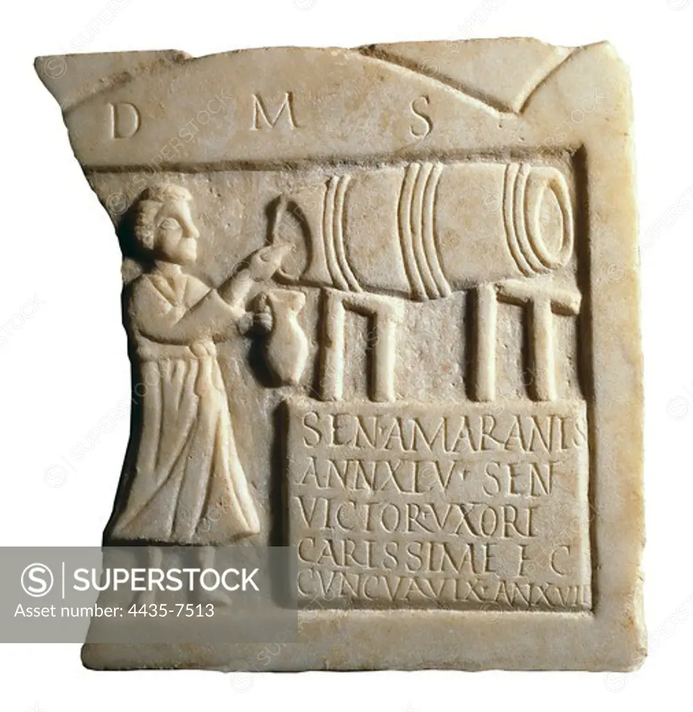 Funerary Stele of the Landlady Sentia Amaranis. 1st  c. Roman art. Early Empire. Relief on marble. SPAIN. EXTREMADURA. BADAJOZ. MŽrida. National Museum of Roman Art. Proc: SPAIN. EXTREMADURA. BADAJOZ. MŽrida.