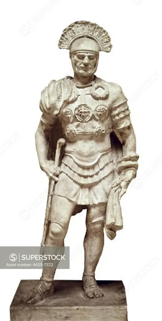 Roman centurion dressed in parade uniform. Roman art. Early Empire. Sculpture on marble. ITALY. LAZIO. Rome. Museum of Roman Civilization.