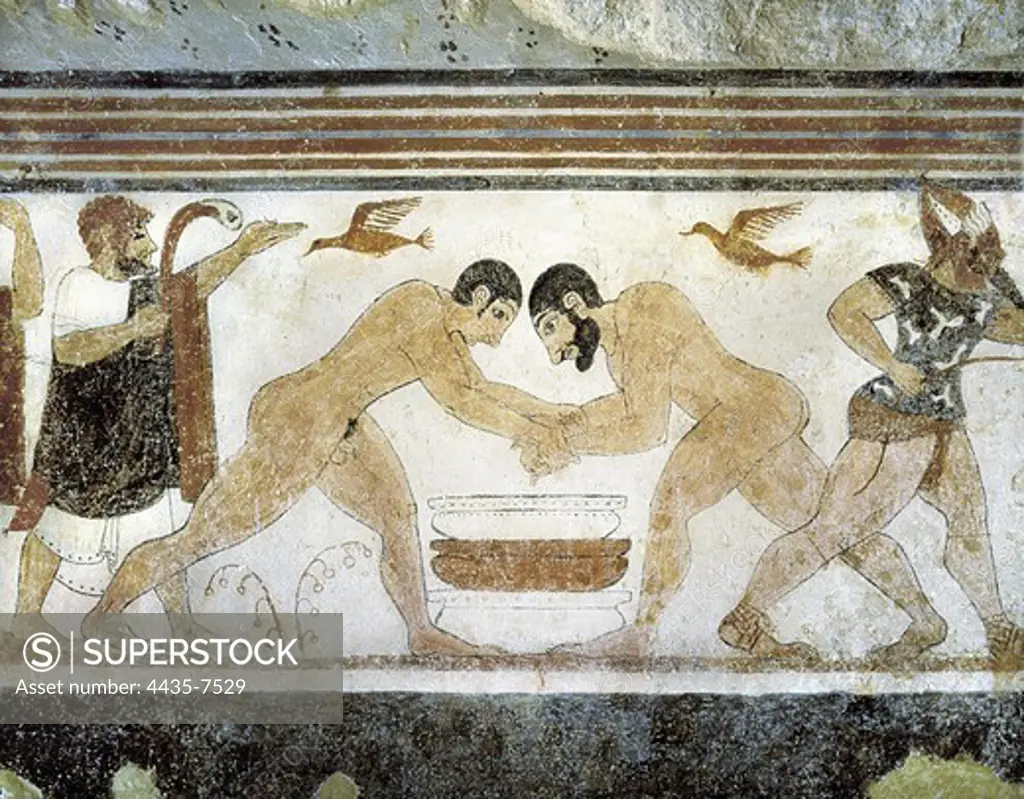 Tomb of the Augurs. 6th c. BC. ITALY. Tarquinia. Necropolis of Monterozzi. Tomb of The Augurs. The Athletes. Etruscan art. Fresco.